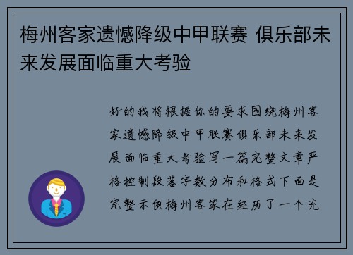 梅州客家遗憾降级中甲联赛 俱乐部未来发展面临重大考验 梅州客家遗憾降级中甲联赛 俱乐部未来发展面临重大考验